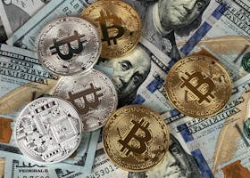 Close-up of bitcoins and US dollar bills symbolizing modern finance and cryptocurrency.
